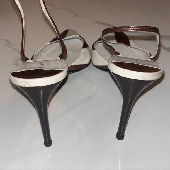 Vintage Ralph Lauren RARE Stripe Brown & White Leather Oxford Slingback Pumps - Picture 7 of 12
